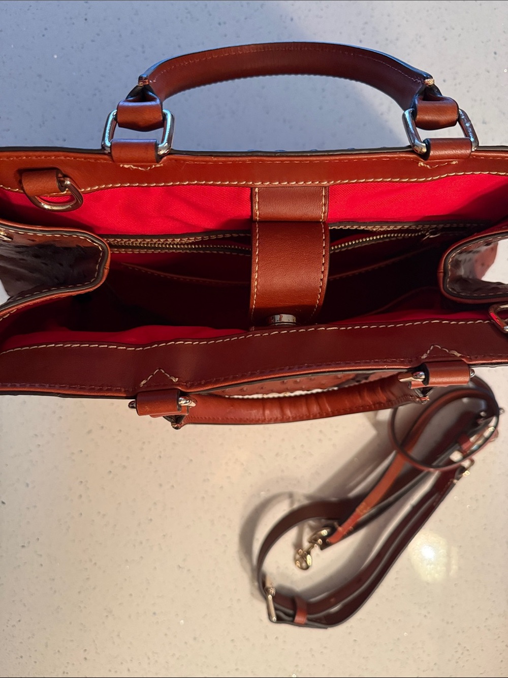 Dooney & Bourke Brown Ostrich-Texture Leather Satchel with Removable Strap - Picture 6 of 10